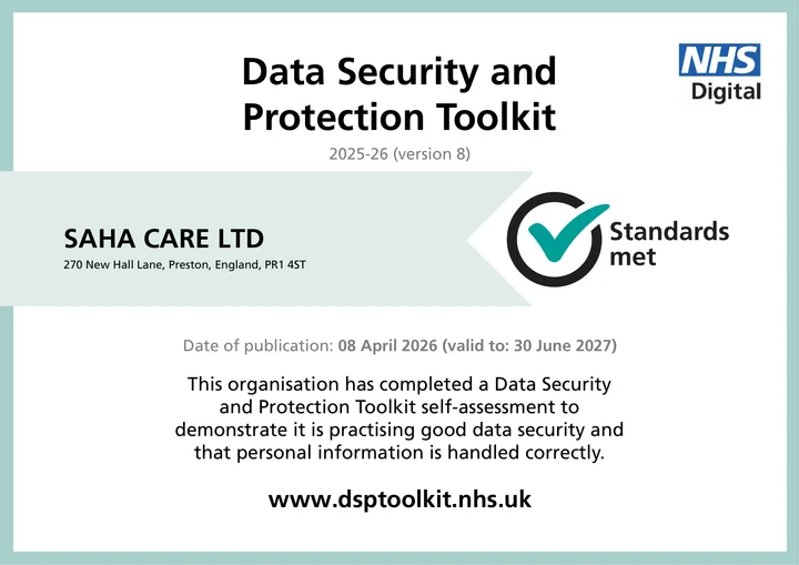 NHS Data Security and Protection Toolkit — standards met (2025–26) for Saha Care